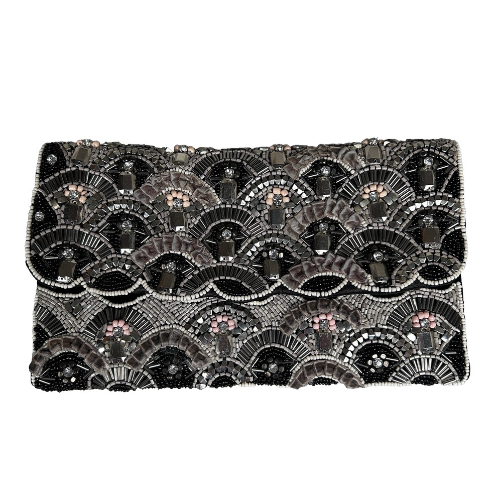 Ornate beaded OKPTA clutch snap closure velvet rhinestones and beads art-to-wear